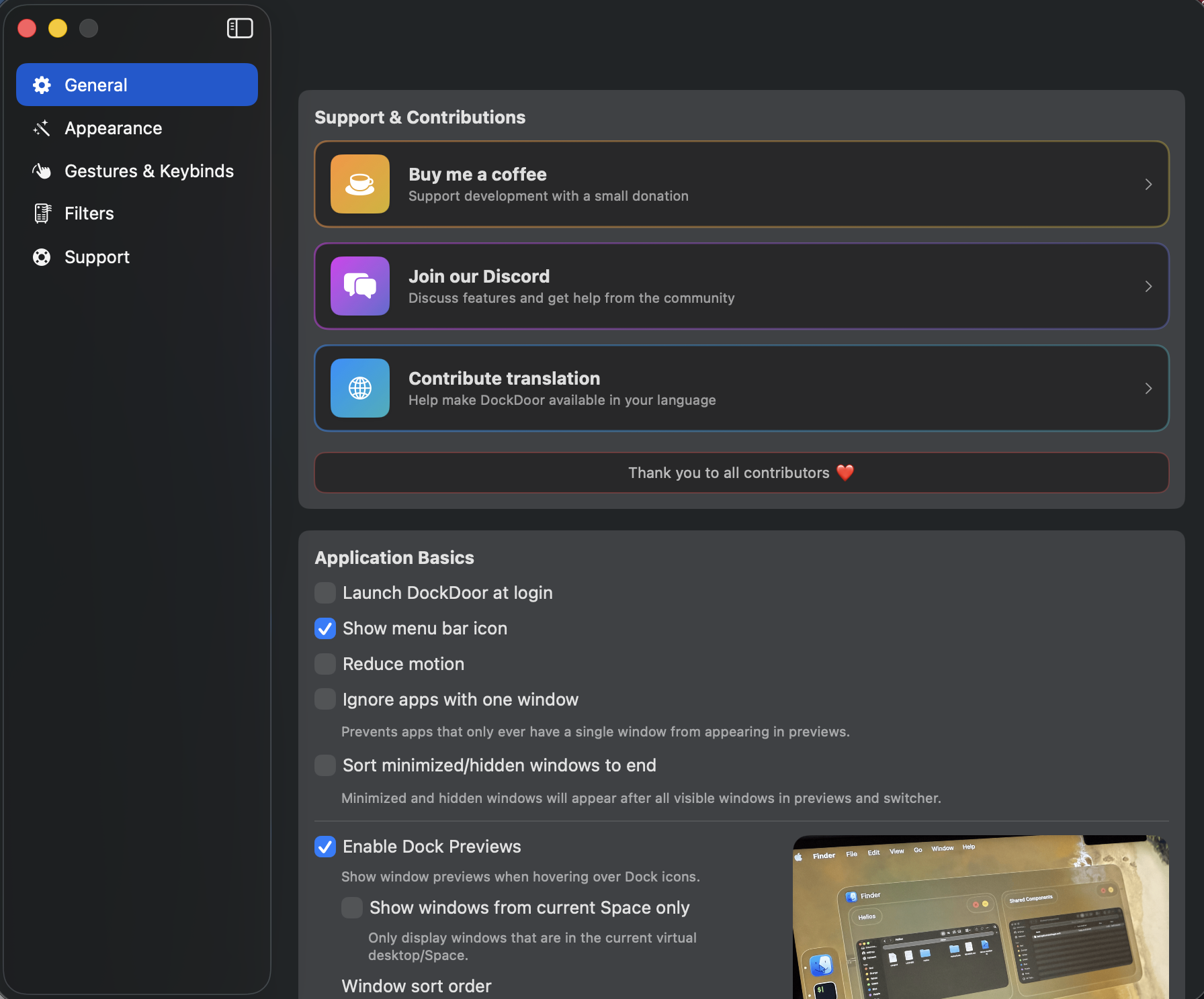 Dock actions configuration
