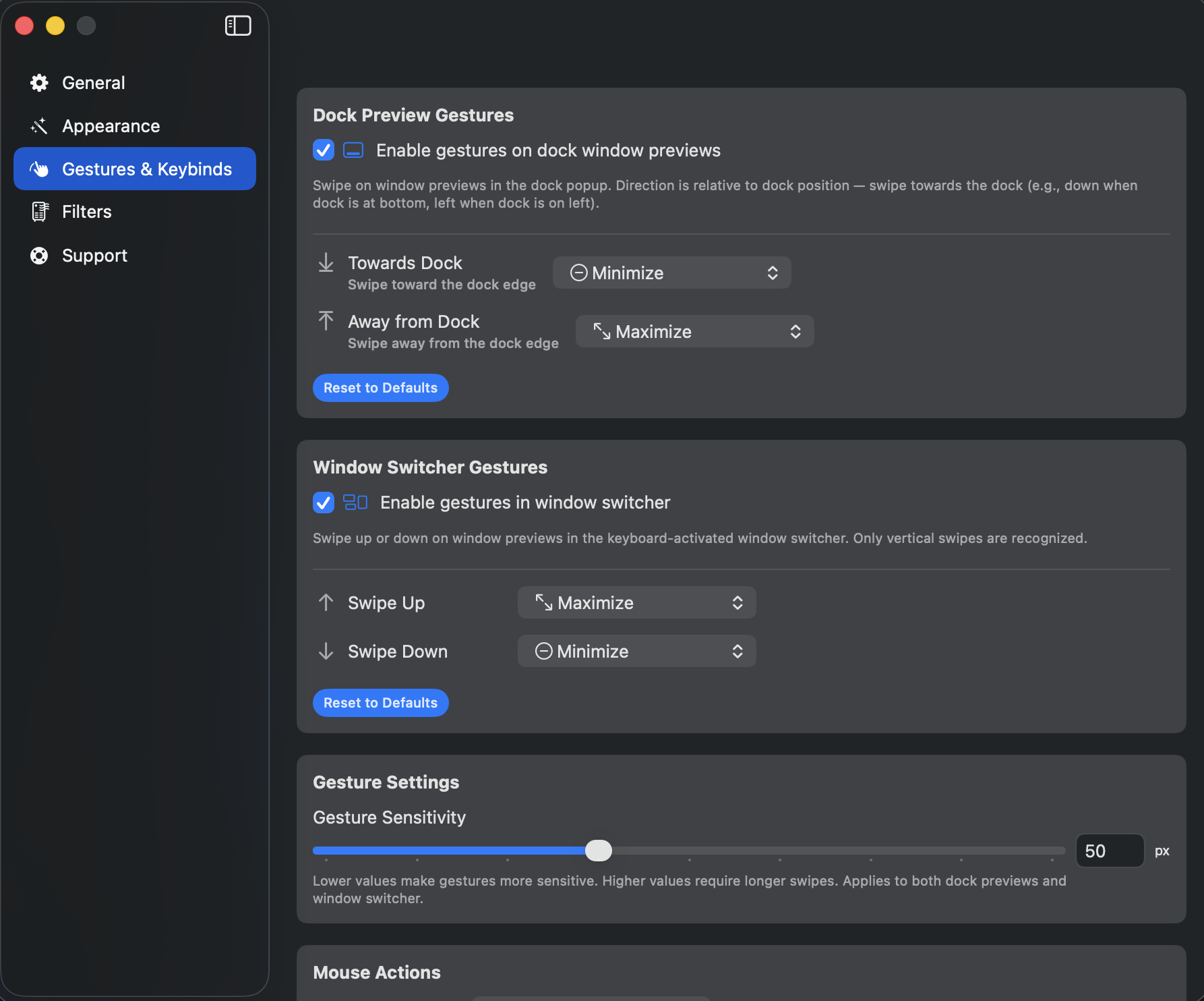 Gestures & keybinds settings